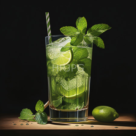 High Resolution: Elegant tall glass filled with green mint-infused drink ice cubes and lime slices on a black background download. | HRJPG.com
