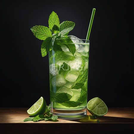 High Resolution: Elegant tall glass filled with green mint leaves and ice cubes in clear water garnished with fresh sprigs download. | HRJPG.com
