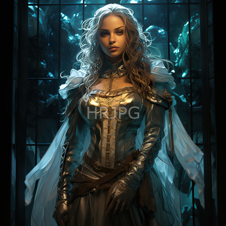 High Resolution: Attractive blonde woman with wavy hair in medieval fantasy armor with gold accents and white cape against dark background download. | HRJPG.com