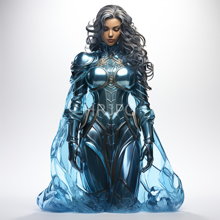 High Resolution: Attractive dark-skinned woman with long wavy silver hair kneeling on white background in metallic blue armor download. | HRJPG.com