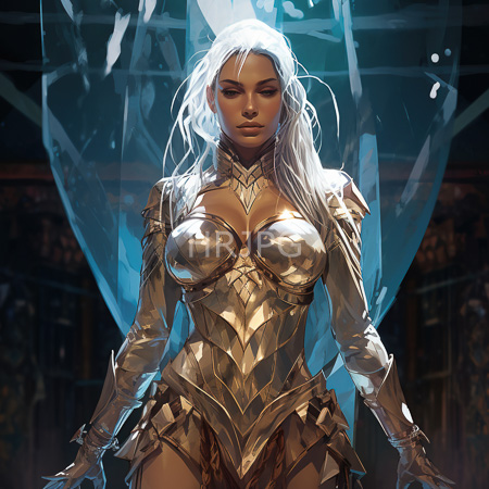 High Resolution: Attractive dark-skinned woman with long white hair wears intricate golden armor standing in front of blue crystals download. | HRJPG.com