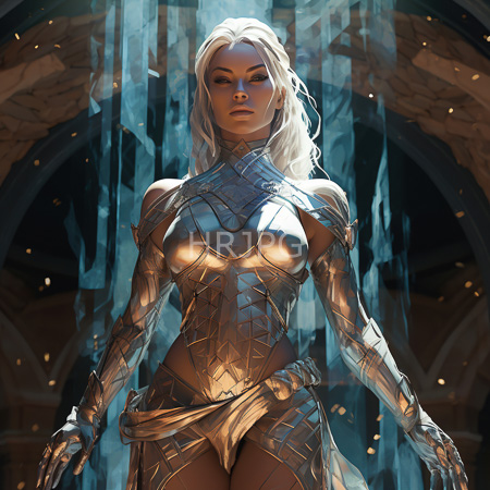 High Resolution: Ethereal blonde woman with fair skin wears intricate golden armor standing confidently in front of glowing blue crystals download. | HRJPG.com