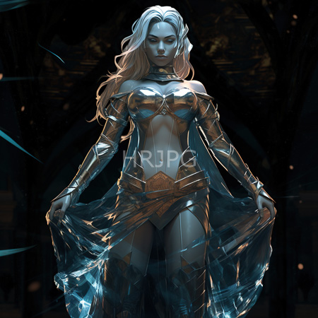 High Resolution: Ethereal silver-haired female warrior with pale skin stands in dark surroundings wearing reflective golden armor download. | HRJPG.com