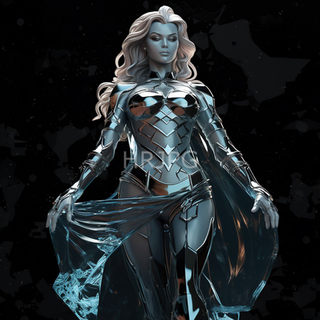 High Resolution: Attractive fair-skinned woman with wavy blonde hair in reflective silver armor and translucent cape against black background download. | HRJPG.com