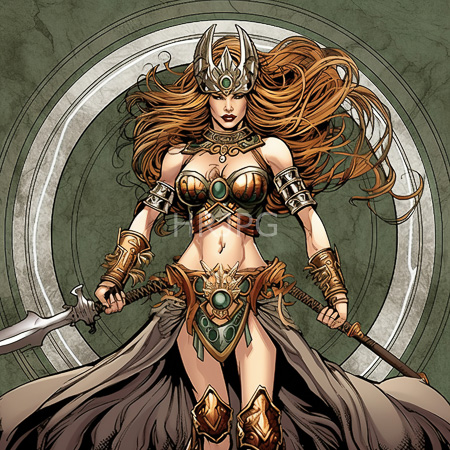 High Resolution: Armored fair-skinned female warrior with long red hair flowing beneath her ornate silver and green helmet download. | HRJPG.com