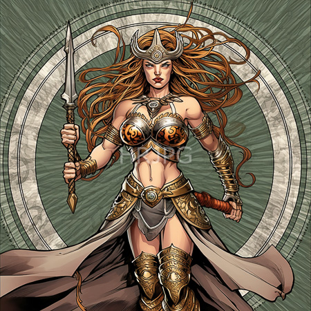 High Resolution: Comic-style drawing of an athletic muscular woman with long red hair wearing ornate golden armor and holding a spear download. | HRJPG.com
