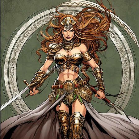High Resolution: Athletic fair-skinned female warrior with long red hair wears ornate golden armor and holds two swords download. | HRJPG.com