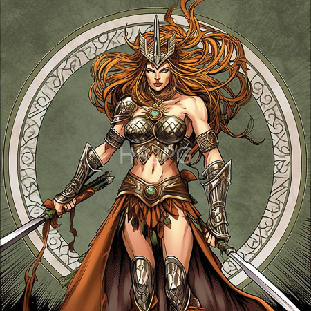 High Resolution: Armored fierce female warrior with long red hair and green eyes stands against a circular patterned background download. | HRJPG.com
