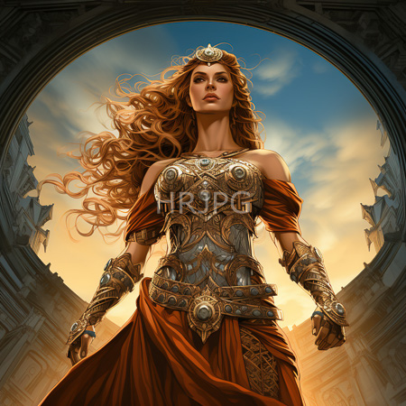 High Resolution: Imposing fair-skinned woman with flowing red hair and regal features stands in front of ancient architecture at sunset download. | HRJPG.com