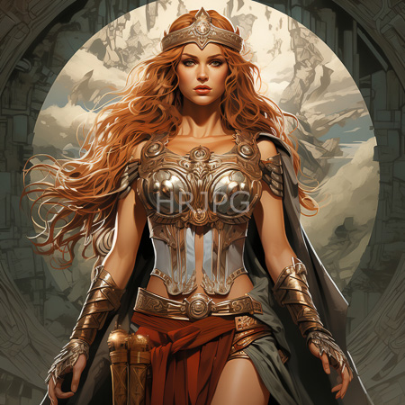 High Resolution: Attractive fair-skinned woman with long red hair wears ornate silver armor and holds a sword with a brown-red skirt download. | HRJPG.com