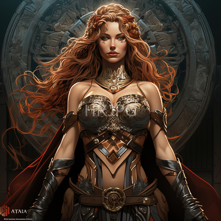 High Resolution: Attractive fair-skinned woman with long red hair stands confidently in front of ornate circular golden background download. | HRJPG.com