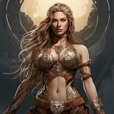 High Resolution: Attractive fair-skinned woman with long blonde hair wears ornate medieval armor that reveals her large breasts download. | HRJPG.com