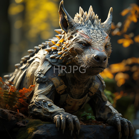 High Resolution: Armored fantasy-style dragon-like creature with spiky gray scales crouching in an autumn forest download. | HRJPG.com