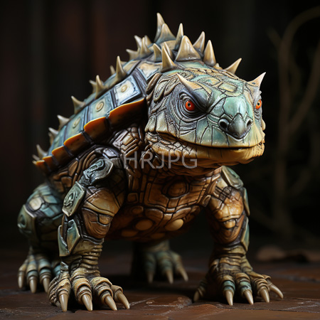 High Resolution: Intricately detailed fantasy-style ceramic sculpture depicting a spiked reptilian creature with green and brown cracked patterns download. | HRJPG.com