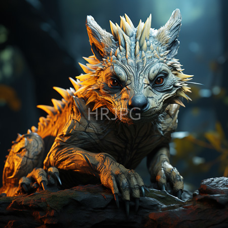 High Resolution: Wolf-like creature with spiky golden and gray fur and intense orange eyes crouched on rocky terrain in a dim forest download. | HRJPG.com