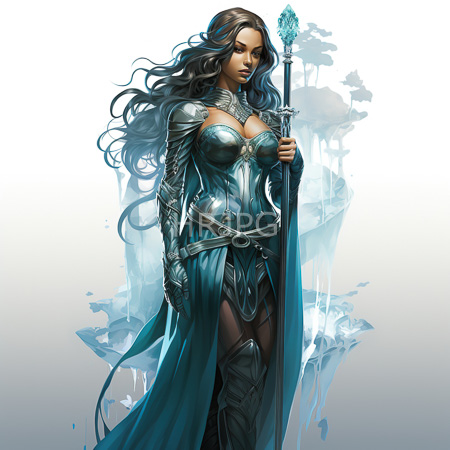 High Resolution: Attractive dark-skinned woman with long black hair wears intricate silver armor over teal fabric and holds a glowing blue staff download. | HRJPG.com