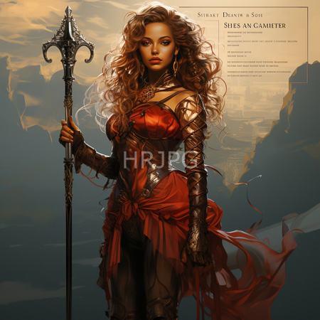 High Resolution: Attractive dark-skinned woman with voluminous curly brown hair stands confidently against a cloudy sky holding an ornate staff download. | HRJPG.com