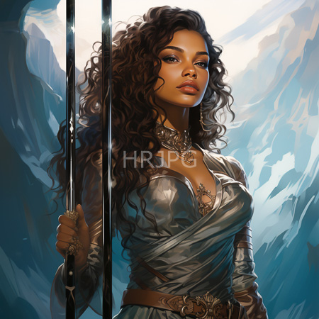 High Resolution: Attractive dark-skinned woman with long curly brown hair and blue eyes stands in front of towering mountains wearing metallic armor download. | HRJPG.com
