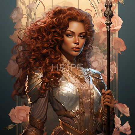 High Resolution: Attractive curly-haired woman with light brown skin holds a staff against floral-patterned background wearing ornate silver armor download. | HRJPG.com