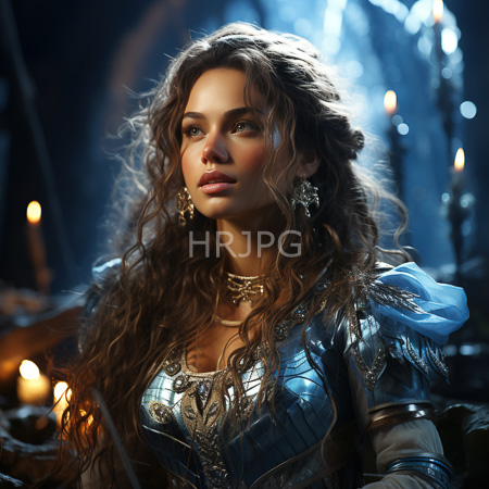 High Resolution: Portrait of an attractive young woman with brown hair wearing ornate medieval armor featuring blue metallic plates download. | HRJPG.com