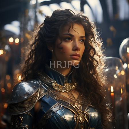 High Resolution: Young woman with long curly brown hair wears ornate blue metallic armor amidst soft candlelight in a hall download. | HRJPG.com