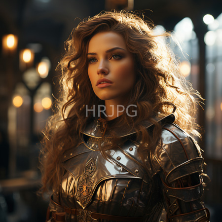 High Resolution: Attractive fair-skinned woman with wavy brown hair wears shiny silver medieval armor in dim lighting download. | HRJPG.com