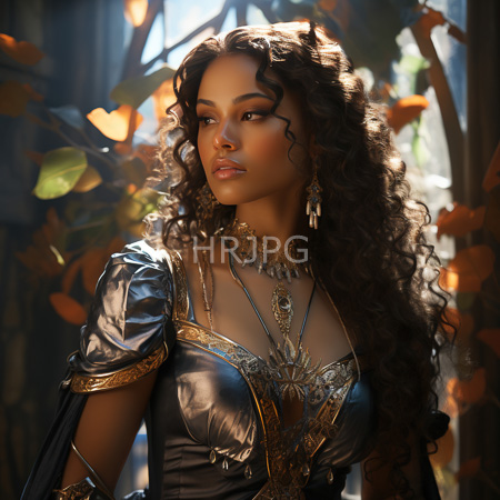 High Resolution: Attractive dark-skinned woman with curly brown hair wears ornate black leather armor adorned in gold trimmings download. | HRJPG.com