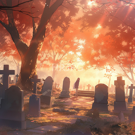 High Resolution: Ethereal cemetery at sunrise bathed in warm orange and red light from autumn trees with glowing leaves download. | HRJPG.com