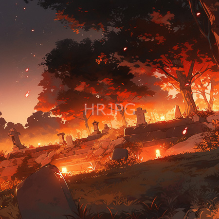 High Resolution: Eerie glowing cemetery at sunset with orange and red hues tombstones stand among grassy terrain under silhouetted trees download. | HRJPG.com