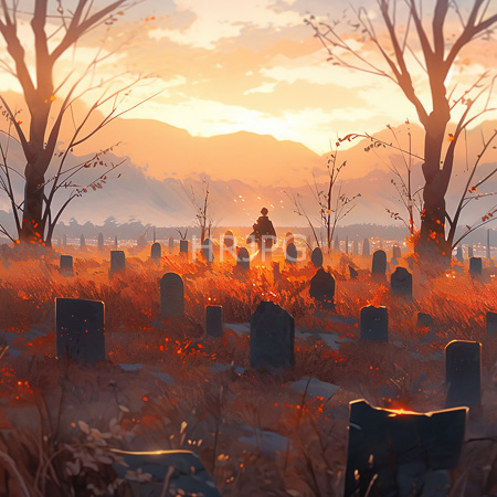 High Resolution: Autumn cemetery at sunset with silhouetted trees and gravestones under warm sunlight as a lone figure rides horseback download. | HRJPG.com