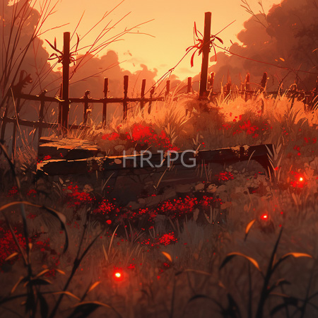 High Resolution: Eerie sunset-lit field with tall grass and red flowers illuminated by glowing orbs with a broken wooden fence download. | HRJPG.com