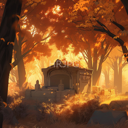 High Resolution: Autumnal forest scene with golden sunlight filtering through orange-leaved trees illuminating a small stone mausoleum download. | HRJPG.com