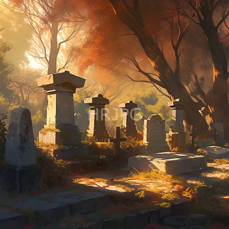 High Resolution: Ancient sunlit cemetery with five weathered stone tombstones amidst overgrown grasses under warm autumn light download. | HRJPG.com