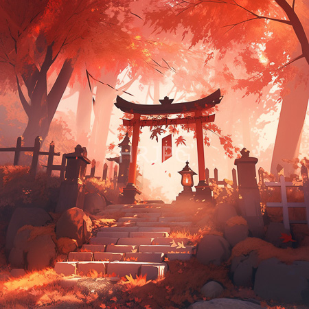 High Resolution: Autumnal Japanese shrine with vibrant red and orange foliage illuminated by soft sunlight and a traditional torii gate download. | HRJPG.com