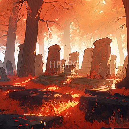High Resolution: Ancient overgrown cemetery bathed in warm orange and red autumn light with tall trees and fiery leaves download. | HRJPG.com