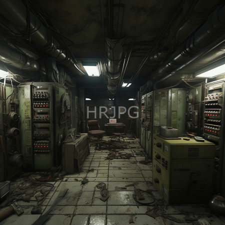 High Resolution: Abandoned dim-lit control room with green-tinted walls cracked tiled floor and old computer panels download. | HRJPG.com
