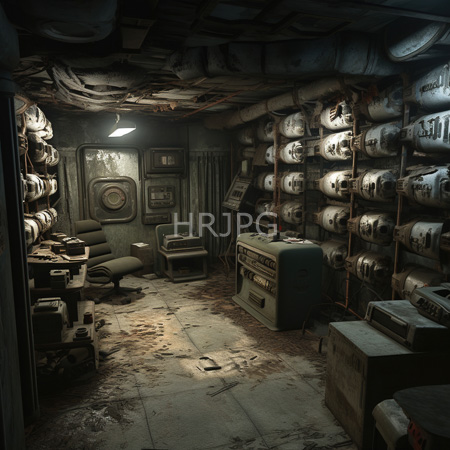 High Resolution: Abandoned dim-lit control room with worn dusty equipment and vintage consoles under harsh overhead light download. | HRJPG.com