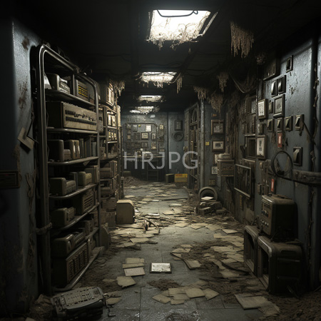High Resolution: Abandoned dim-lit storage room with peeling blue walls cracked ceiling tiles and shelves holding old boxes download. | HRJPG.com