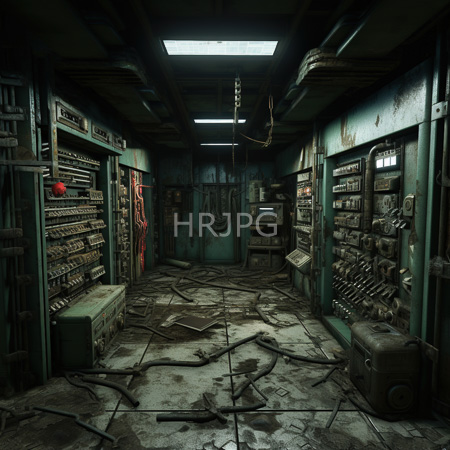 High Resolution: Industrial dim-lit control room with green metal walls a cluttered floor covered in cables tools and various equipment racks download. | HRJPG.com