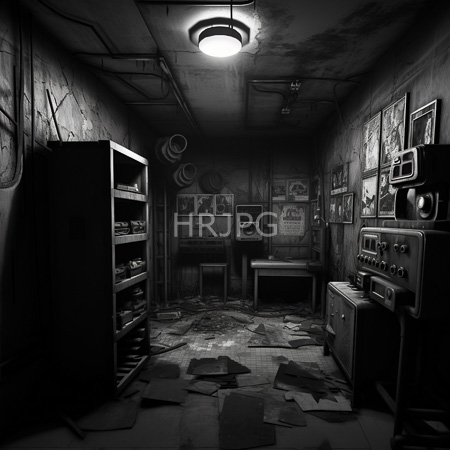 High Resolution: Abandoned dim-lit room featuring cracked walls scattered debris old shelves filled with books and haphazardly hung pictures download. | HRJPG.com