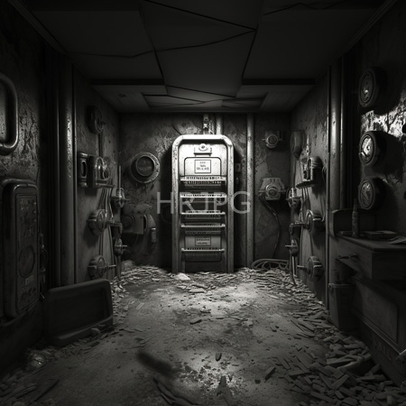 High Resolution: Abandoned dilapidated room in black and white featuring a vintage refrigerator rusted pipes and a floor littered with debris download. | HRJPG.com