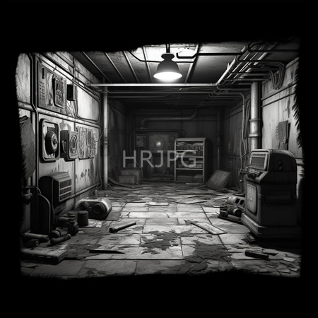 High Resolution: Abandoned dim-lit basement room with cracked stone floors and worn walls featuring old posters and scattered tools download. | HRJPG.com