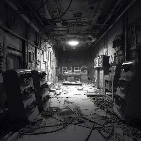 High Resolution: Abandoned cluttered laundry room in black and white with tangled wires broken machinery and stacked washing machines download. | HRJPG.com