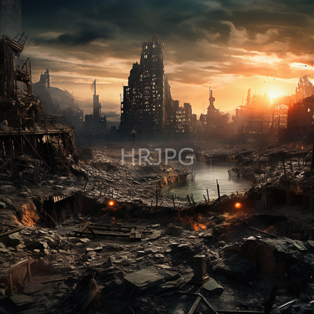 High Resolution: Apocalyptic post-industrial cityscape at sunset with dark clouds orange sunlight ruins of skyscrapers and debris-filled foreground download. | HRJPG.com