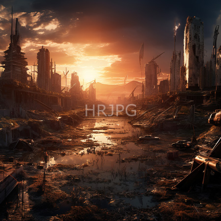 High Resolution: Apocalyptic cityscape at sunset with golden-orange skies silhouetted skyscrapers and a polluted river filled with debris download. | HRJPG.com