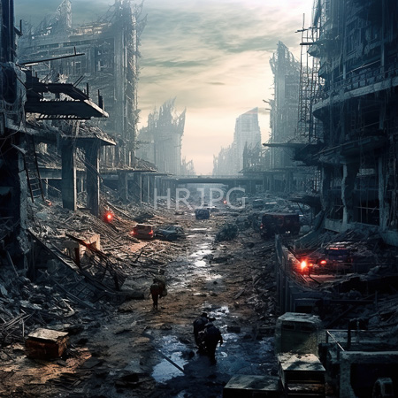 High Resolution: Apocalyptic ruined city street with damaged skyscrapers under cloudy skies a muddy road littered with debris and two figures download. | HRJPG.com