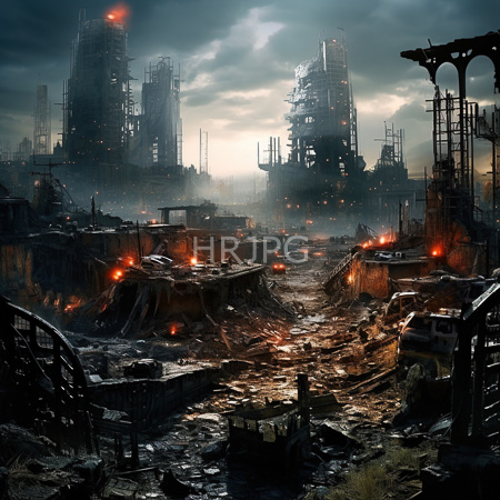 High Resolution: Industrial dystopian cityscape at dusk with dark clouds glowing orange lights and towering metal structures with scaffolding download. | HRJPG.com