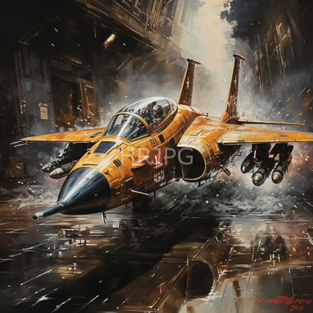 High Resolution: Orange single-seat jet fighter with German cross insignia taking off from a rain-soaked hangar deck amid smoke clouds download. | HRJPG.com
