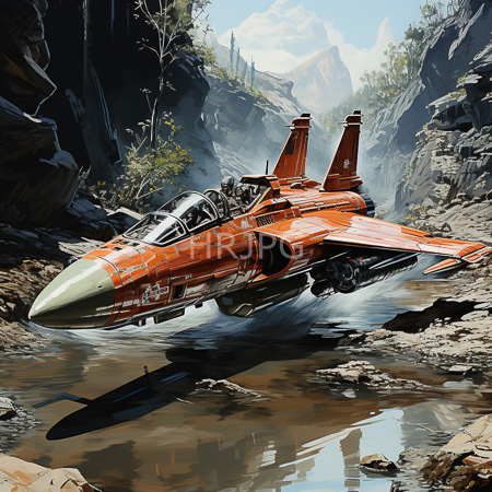 High Resolution: Orange and white futuristic jet fighter with twin engines flying low over a rocky canyon stream reflecting its shadow in clear water download. | HRJPG.com
