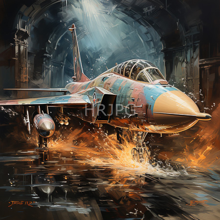 High Resolution: F-104 Starfighter jet partially submerged in water with camouflage patterns under light from arched stone structures download. | HRJPG.com